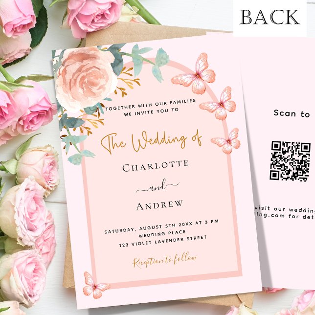 Rose gold peach florals arch QR code RSVP wedding Invitation (Creator Uploaded)