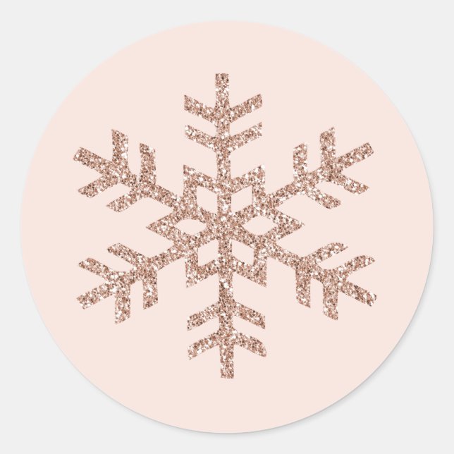 Rose Gold Peach Glitter Sparkle Snowflake  Classic Round Sticker (Front)