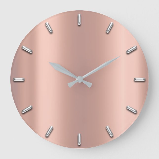 Rose Gold Peach Pink Grey Metallic Silver Minimal Large Clock (Front)
