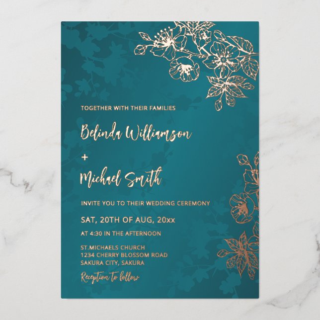 Rose Gold Peacock Green Floral Wedding (Front)