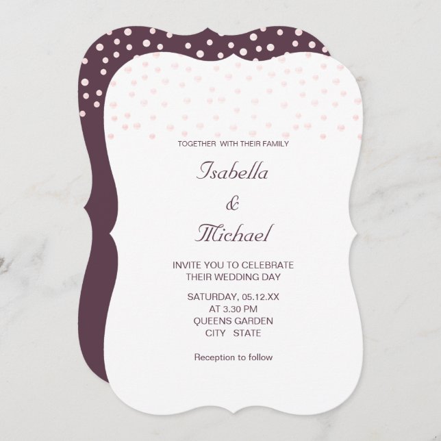 Rose Gold Pearls on Cassis & White Wedding Invitation (Front/Back)