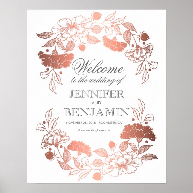 Rose Gold Peonies Elegant Wedding Welcome Sign (Front)
