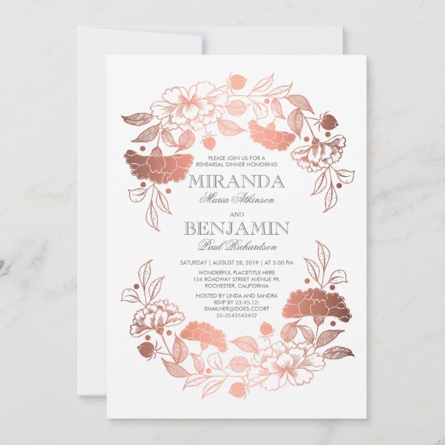 Rose Gold Peony Floral Elegant Rehearsal Dinner Invitation (Front)