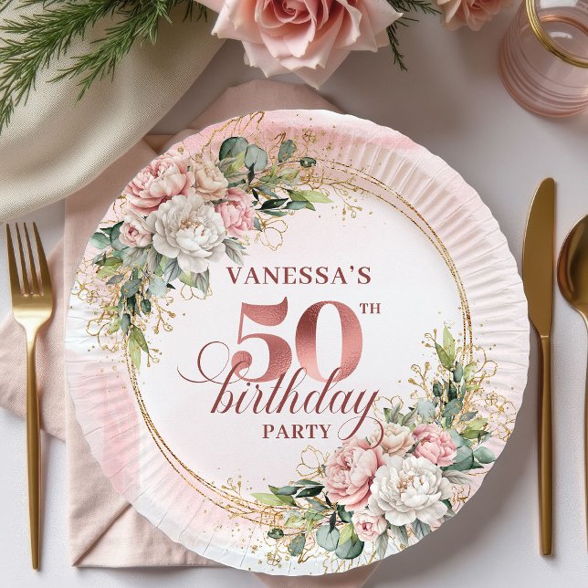 Rose Gold Peony Greenery 50th Birthday Paper Plate (Rose Gold Peony Greenery 50th Birthday Paper Plates)