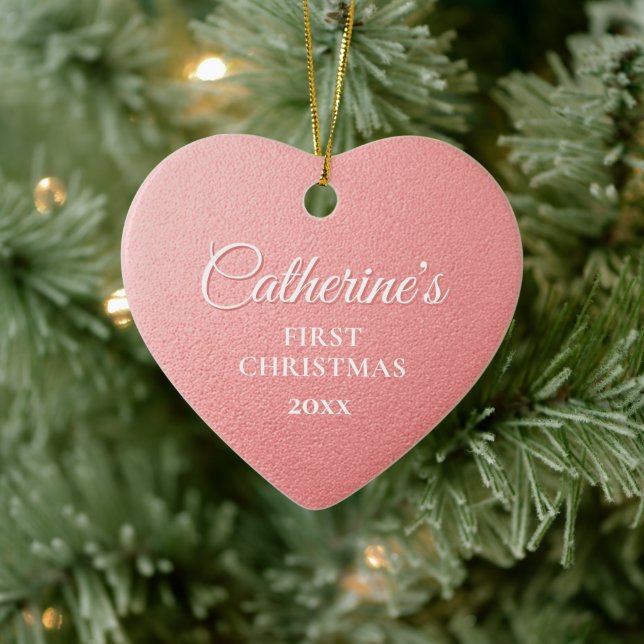 Rose Gold Personalised First Christmas Heart  Ceramic Ornament (Tree)