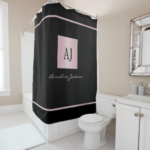 Rose gold personalised name monogram black shower curtain