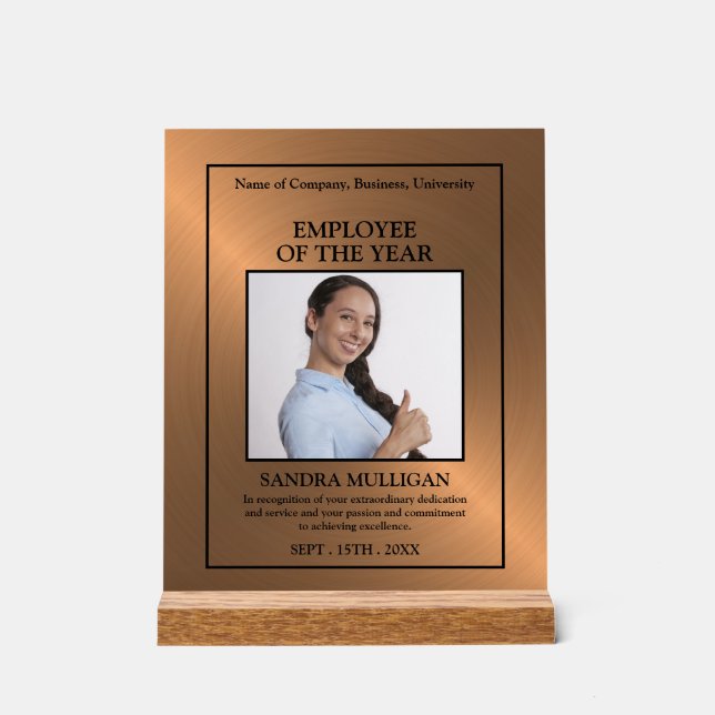 Rose Gold/Personalised Photo - Employee Award Acrylic Sign (Front)
