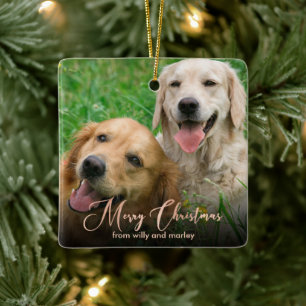 Rose Gold Pet Photo Merry Christmas Script Ceramic Ornament