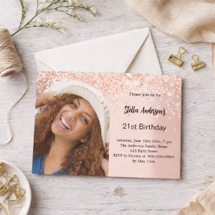 Rose gold photo arch confetti birthday invitation