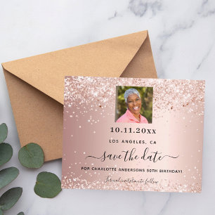 Rose gold photo birthday save the date card