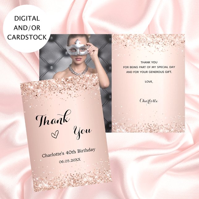 Rose gold photo birthday thank you card (Creator Uploaded)