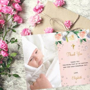 Rose gold photo budget baptism thank you card