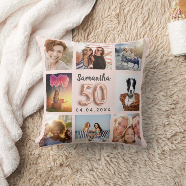 Rose gold photo collage 50th birthday cushion (Blanket)