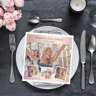 Rose gold photo collage birthday party napkin