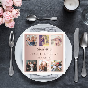 Rose gold photo collage birthday party napkin