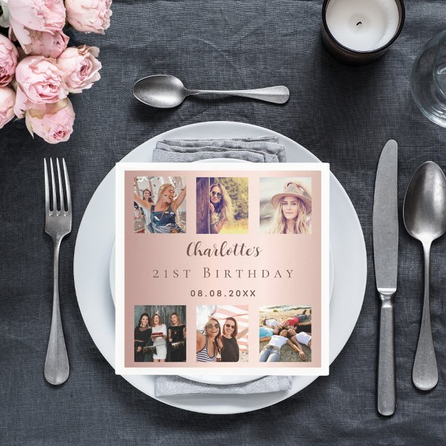 Rose gold photo collage birthday party napkin (Creator Uploaded)