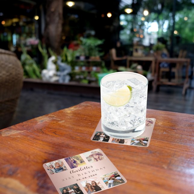 Rose gold photo collage birthday party square paper coaster (Creator Uploaded)