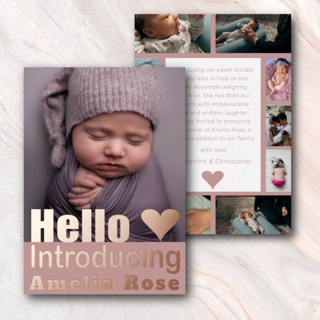 Rose Gold Photo Collage Hello Baby Announcement (Creator Uploaded)