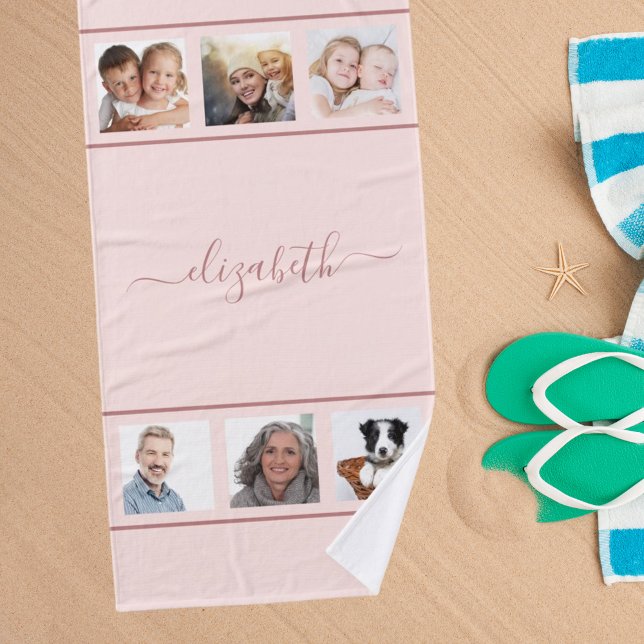 Rose gold photo collage monogram script bath towel (Creator Uploaded)
