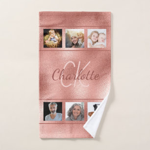 Rose gold photo collage monogram script hand towel