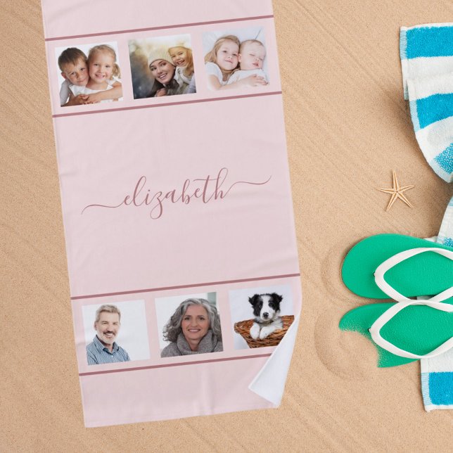 Rose gold photo collage name script beach towel (Creator Uploaded)