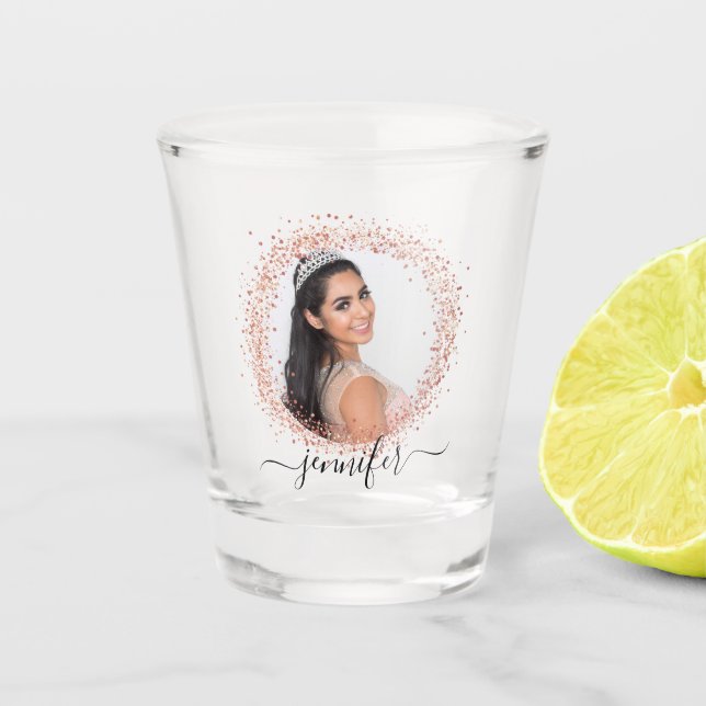 Rose gold photo glitter name script shot glass (Front)