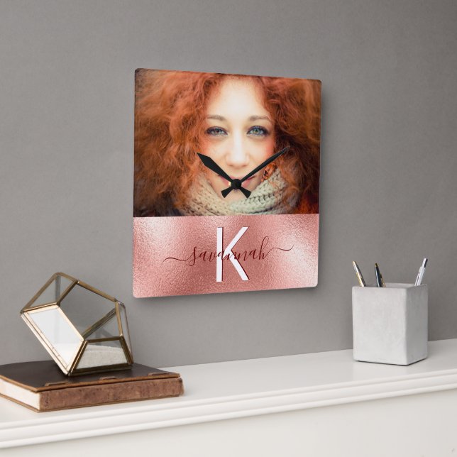 Rose gold photo monogram name square wall clock (Office)