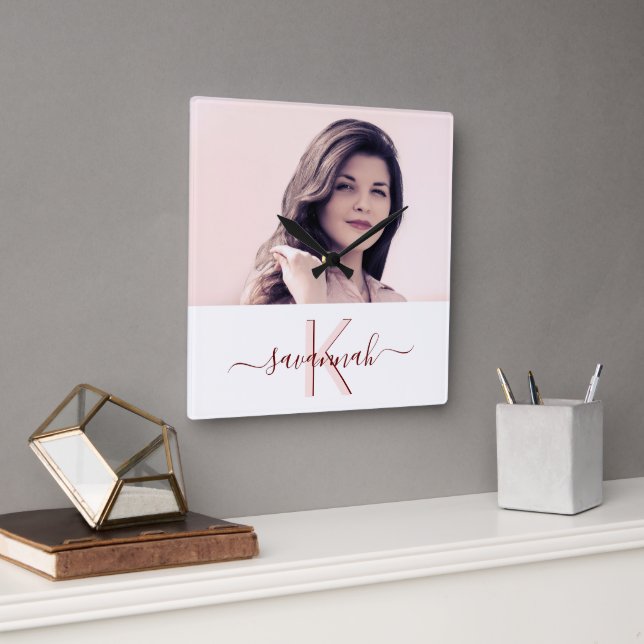 Rose gold photo monogrammed modern square wall clock (Office)