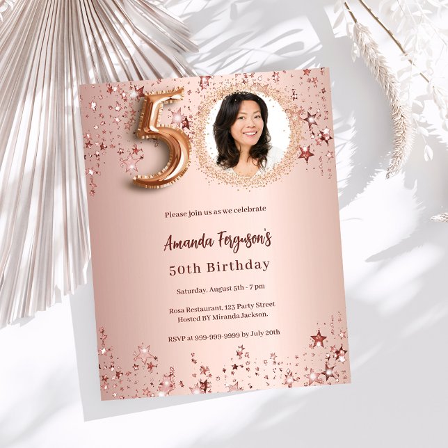 Rose gold photo stars 50th birthday invitation (Creator Uploaded)