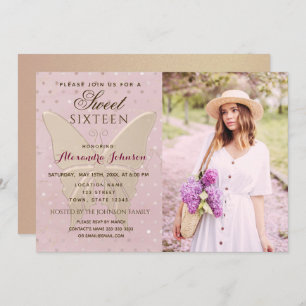 Rose Gold Photo Sweet 16 Birthday Invitation