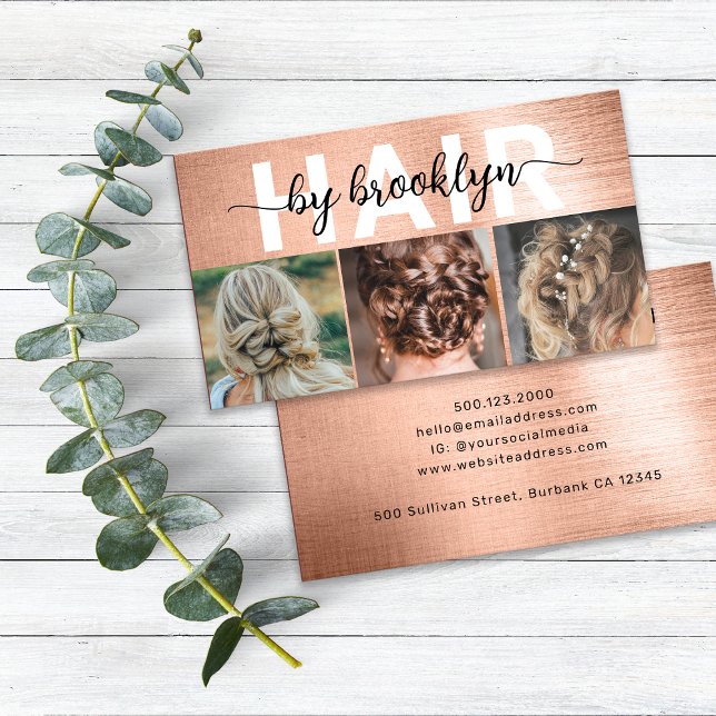 Rose Gold Photo Typography Hair Stylist Business Card (Creator Uploaded)