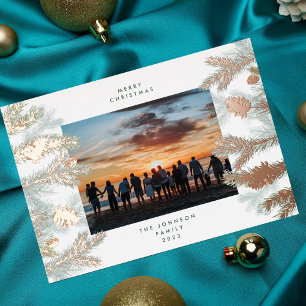 Rose Gold Pine Tree Cones Merry Christmas Photo Foil Holiday Card