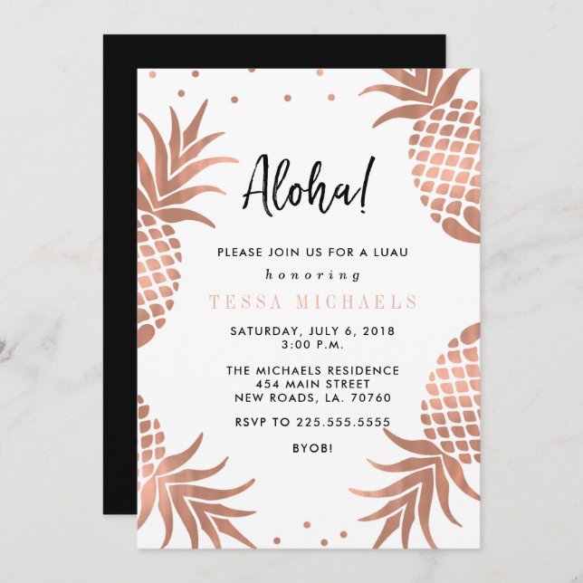Rose Gold Pineapple Luau Party Invitations (Front/Back)