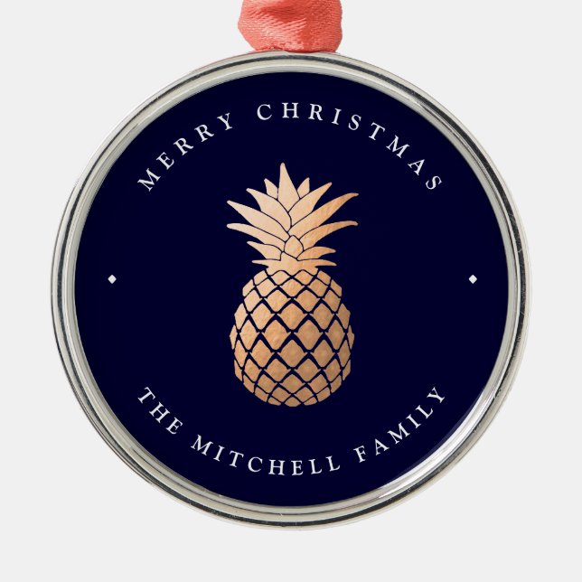 Rose Gold Pineapple on Navy Blue | Christmas Metal Ornament (Front)