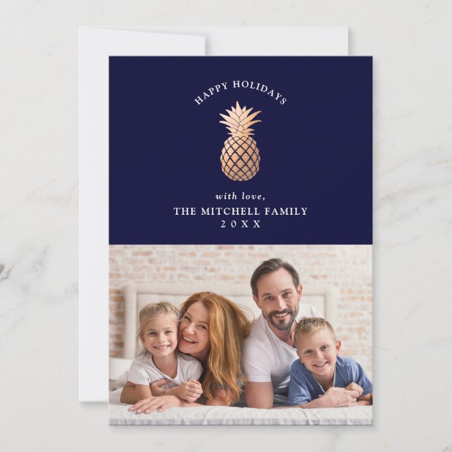 Rose Gold Pineapple on Navy Blue | Christmas Photo Holiday Card (Front)