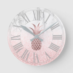 Rose Gold Pineapple+Snow Bokeh+Marble Round Clock