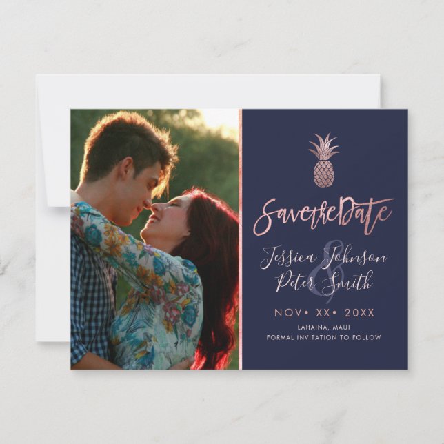 Rose Gold Pineapples+DIY Background Navy Blue Save The Date (Front)