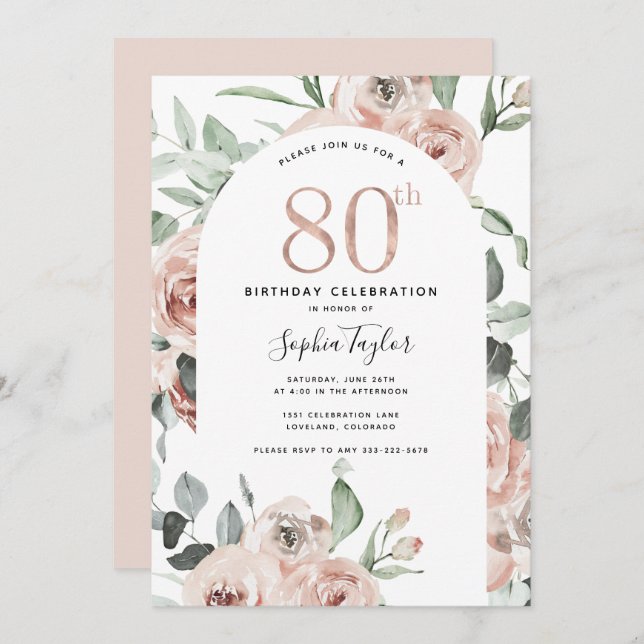 Rose Gold Pink 80th Birthday Invitation (Front/Back)