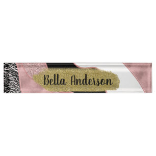 Rose Gold Pink Abstract Wave Modern Glam Trendy Nameplate