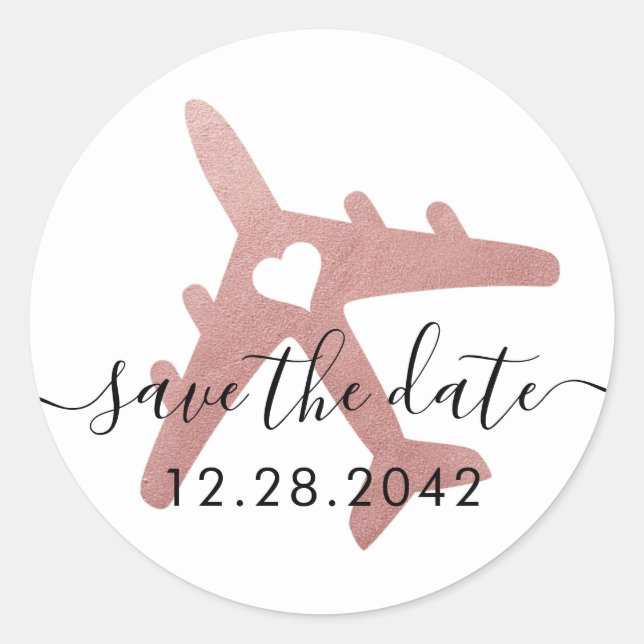 Rose Gold Pink Aeroplane Destination Save the Date Classic Round Sticker (Front)