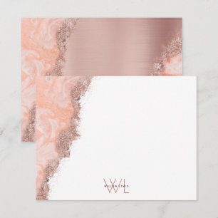 Rose Gold Pink Agate Geode Glitter Monogram Note Thank You Card