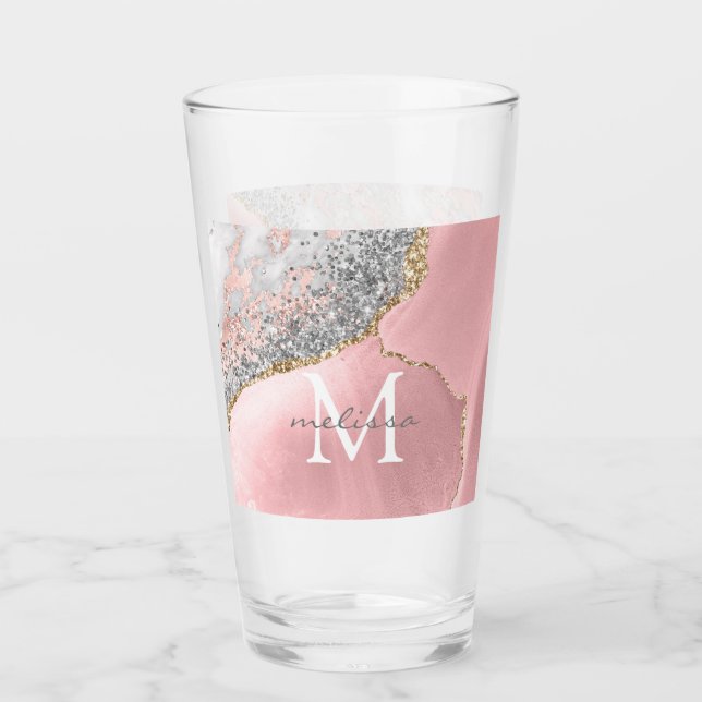Rose Gold Pink Agate Glitter Marble Monogram Name Glass (Front)