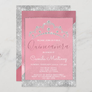Rose Gold - Pink and Silver Sparkle Quinceanera Invitation