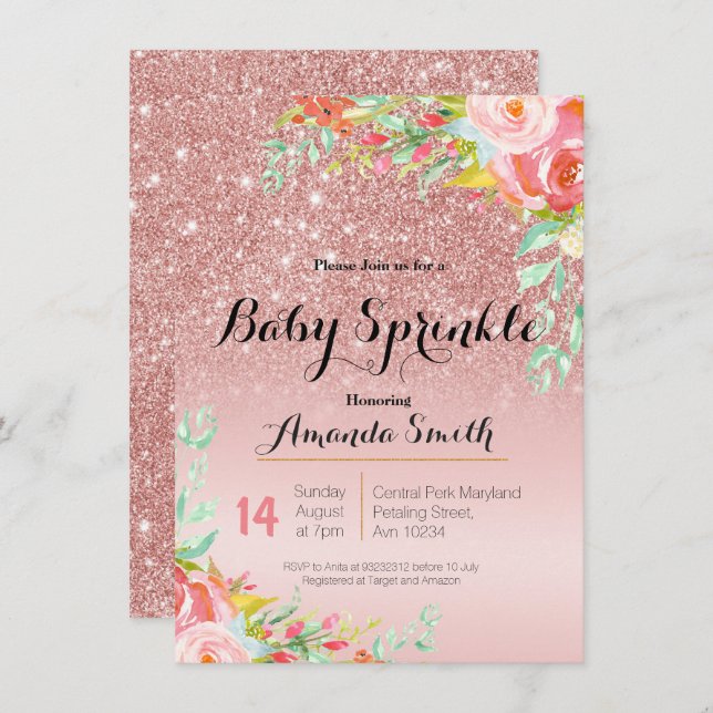 Rose Gold Pink Baby Sprinkle invitation Floral (Front/Back)