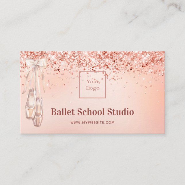 Rose gold pink ballet studio school logo business card (Front)