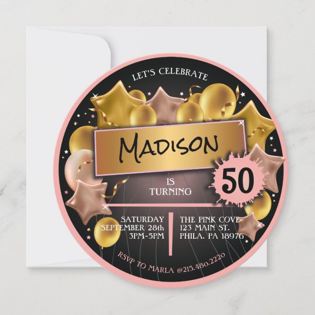 ROSE GOLD PINK Balloons 50th 60th Birthday Invitation (Front)