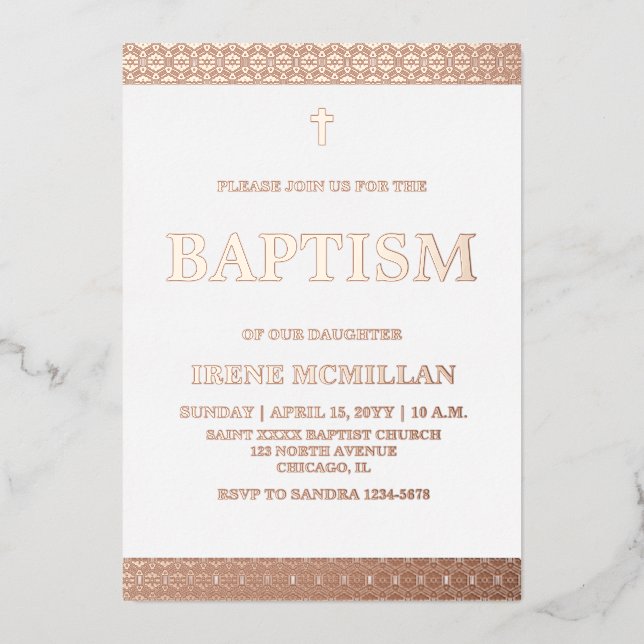 Rose Gold Pink Baptism  Foil Invitation (Front)