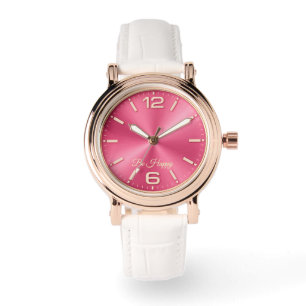 Rose Gold & Pink "Be Happy" Watch with White Strap