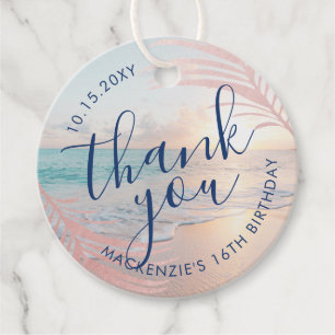 Rose Gold Pink Beach Birthday Thank You Favour Tags
