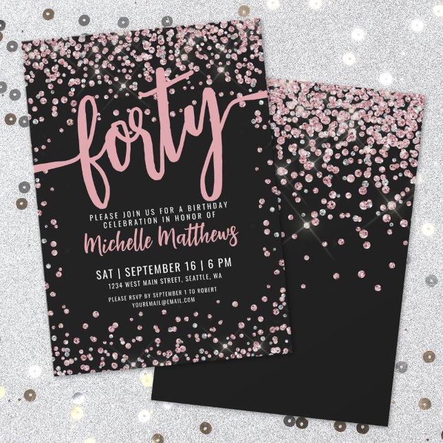 Rose Gold Pink Black 40th Birthday Invitation (Rose Gold Pink Black 40th Birthday Invitation)